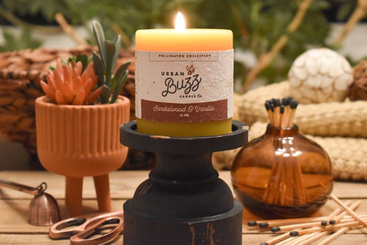 Sandalwood Vanilla - 12 oz. Beeswax Pillar Candle - Urban Buzz