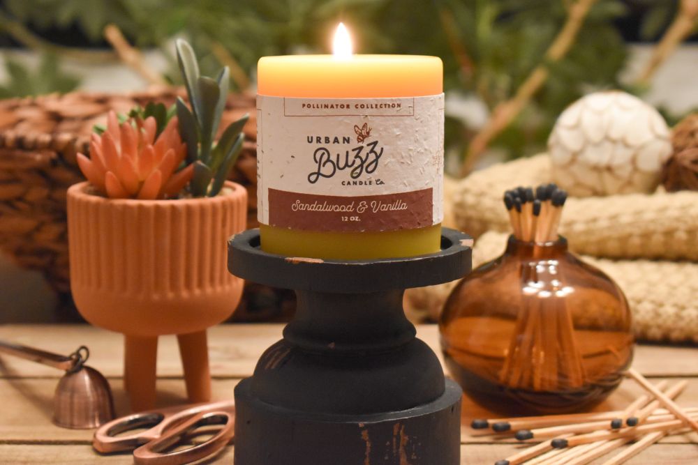 Sandalwood Vanilla - 12 oz. Beeswax Pillar Candle - Urban Buzz